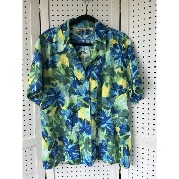 Chicos Women's Button Up Shirt XL (3) Linen Summer Vacation Floral Short Sleeve - Picture 1 of 6